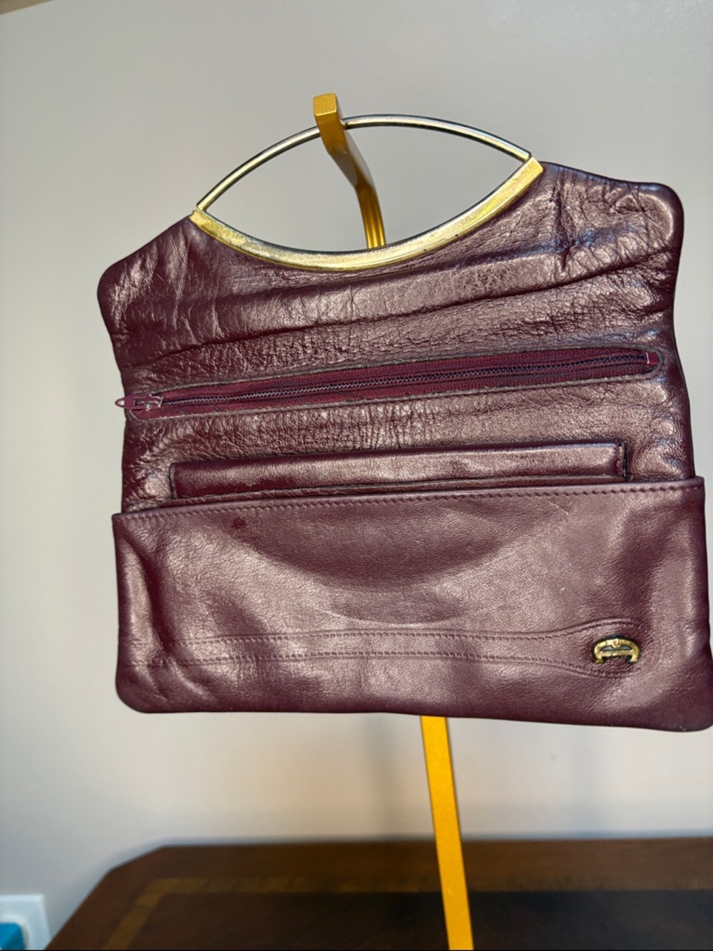 Aigner Women’s Burgundy Leather Clutch with Gold Accent - Picture 3 of 4